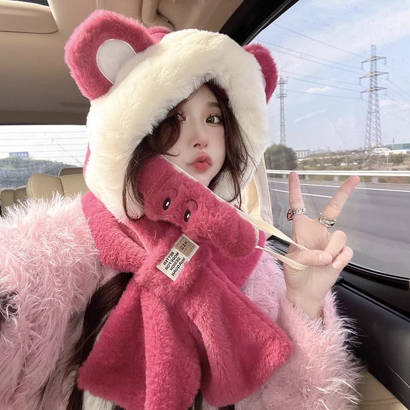 Trapper Hat Ear Flap - Bonnet intégré avec écharpe motif ours